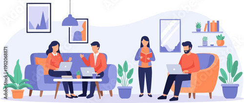 Flat illustration of people working and reading at home