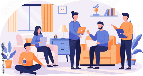 Five people gathered in a brightly lit room, collaborating and relaxing