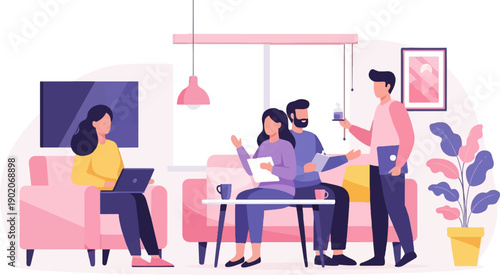 Four people in a living room setting, interacting around a table and sofa