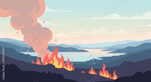 Flames engulf a hillside overlooking a serene lake amidst layered blue hills