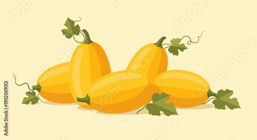 Five yellow squash with green leaves and vines on a light yellow background