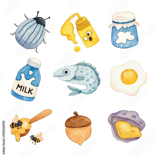Cute Watercolor Food Allergy Illustration Set with Milk Egg Nut Fish Honey