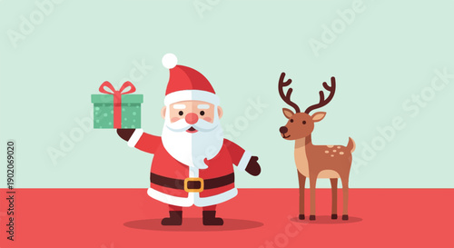 Flat art of Santa Claus holding a gift next to a reindeer