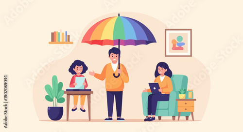 Family under a rainbow umbrella, protected at home