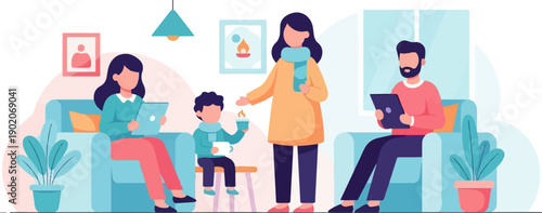 Family relaxing indoors, engaged with devices and drinks