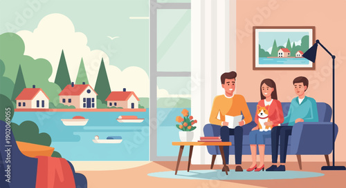 Family relaxing at home with a scenic lake view and a pet dog