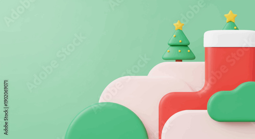 Festive scene with stylized Christmas trees and a stocking on abstract soft shapes