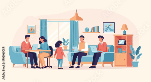 Family members working on laptops together in a cozy living room setting