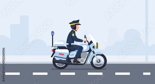 Flat vector illustration of a uniformed officer riding a light blue police motorcycle