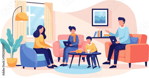 Family members in a living room, some working on laptops, a child drinks