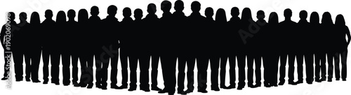 Silhouette of a large diverse crowd of people standing together in a row group
