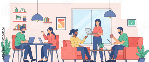 Diverse team collaborating on laptops in a stylish, modern coworking space