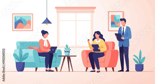 Diverse team collaborating on tablets in a modern office space