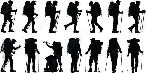 Silhouette of hikers with backpacks and walking sticks in various poses trekking