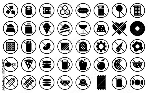 Dietary restriction and food prohibition icons in a black filled circle style