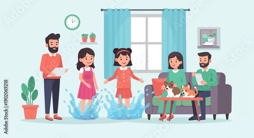 Family enjoys playtime and pets indoors with splashes and games