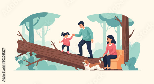 Family enjoys outdoor adventure in the forest near a fallen tree