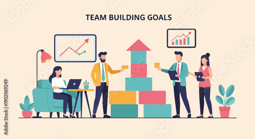 Diverse team members collaborate to build a colorful block tower, symbolizing growth and shared goals