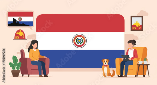 Diverse team works remotely with flag and art