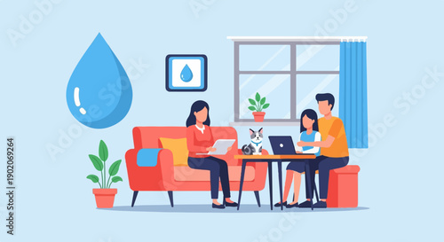 Family at home with pet and computer, water drop