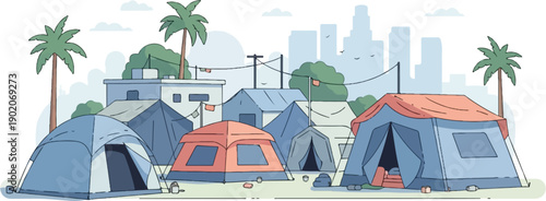 Diverse tents are set up in an urban encampment with palm trees and city skyline