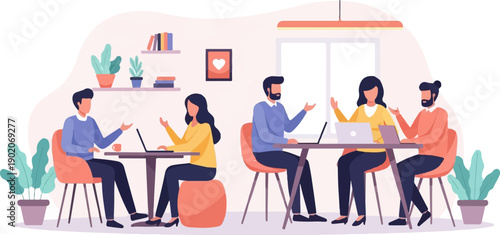 Diverse people collaborating and working on laptops in a bright, modern office