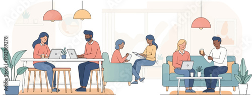 Diverse people collaborating and working on laptops in a modern, casual office space