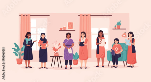 Diverse women gather for empowerment and discussion in a cozy room