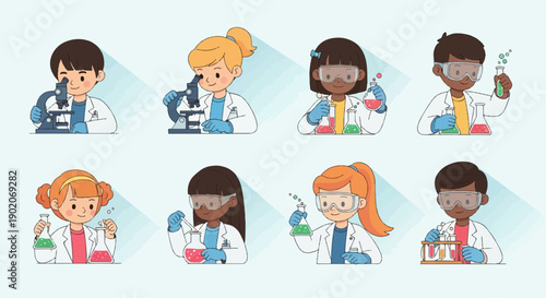 Diverse young scientists engaged in experiments with lab equipment