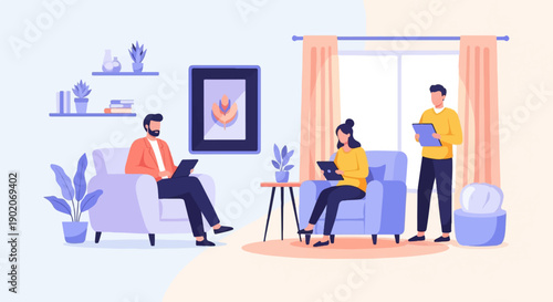 Diverse people in a modern room using tablets, working and relaxing