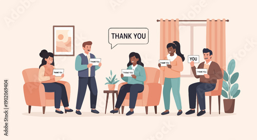 Diverse people holding signs saying "Thank You" indoors