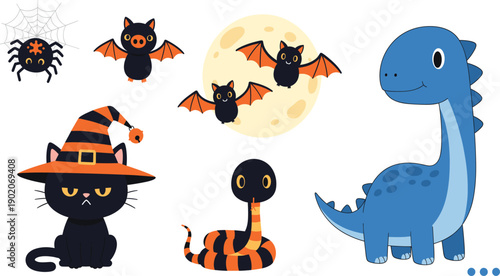 Halloween and fantasy vector set with witch cat blue dinosaur bats and spider for spooky party invitations or children’s holiday decor