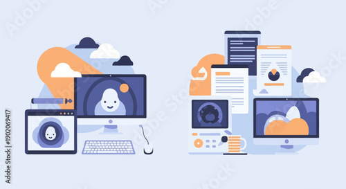 Flat design illustration of computers, documents, and cloud elements in a digital workspace