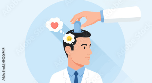 Doctor places contraceptive inside a man's head, with thoughts of love and happiness