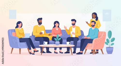 Diverse people in casual attire discuss ideas while seated around a table