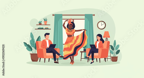 Diverse people in colorful attire work and dance in a bright room