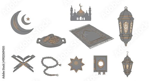 Icônes Sacrées du Ramadan Minimalistes Gris Or