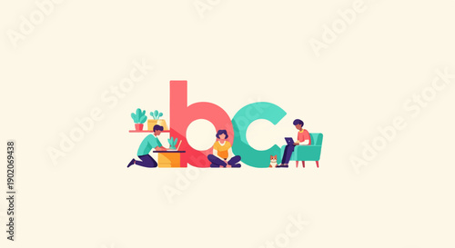 Diverse people interacting with technology around large letters