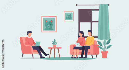 Diverse people relax indoors, using devices, with pets depicted on wall art
