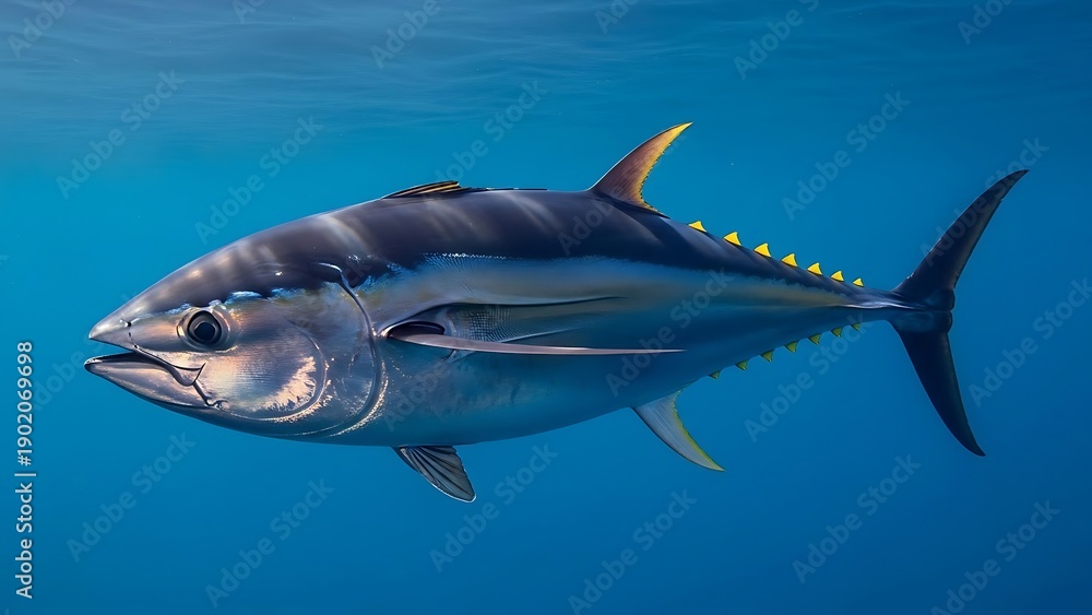 Obraz premium A magnificent yellowfin tuna fish gracefully swims through the clear blue ocean waters, showcasing its sleek body and vibrant yellow finlets.