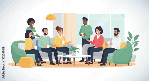 Diverse group of people gathered in a cozy living room, sharing drinks and conversation