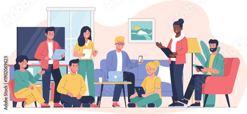 Diverse group of people gathered indoors, working and collaborating with devices