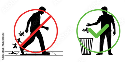 Dangerous and correct sign: It is dangerous to throw banana peels on the road. Banana peels should be thrown in the dustbin, Silhouette Illustration