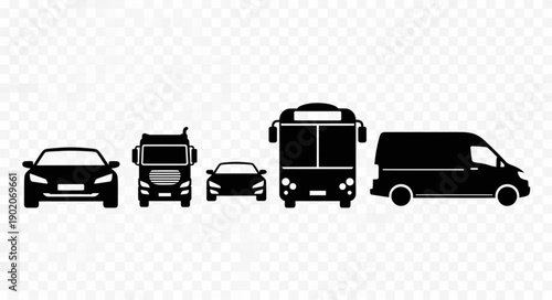 Collection of Silhouettes of Various Vehicles on Transparent Background.