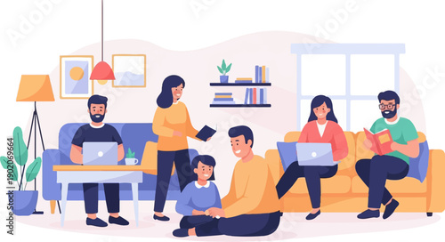 Diverse group of people in a modern living room engaged in various activities