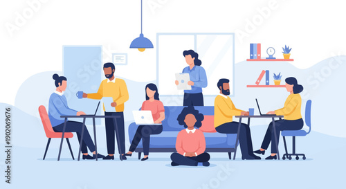 Diverse group of people collaborating and working in a modern, open office environment