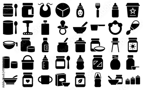 Baby feeding and nutrition icons in a solid black glyph style featuring bottles and food jars