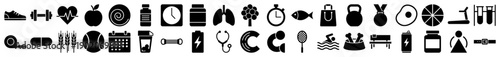 Health and fitness icons featuring workout equipment and nutrition symbols in a solid black style.