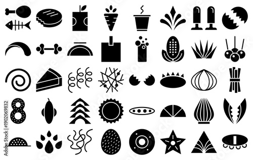 Food waste and organic compost icons featuring fruit scraps, bones, and biodegradable materials in a solid glyph style.