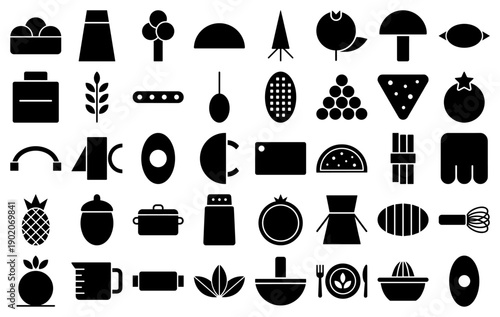 Kitchen and cooking icons in a minimalist black filled style for food and culinary design.